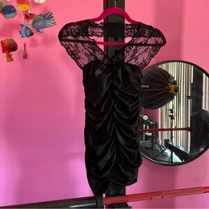 Black Lace Satin Chemise Mini Dress Slip Lingerie One Size